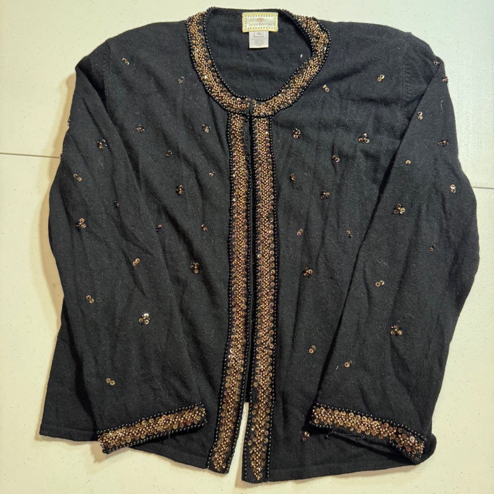 Susan Bristol Vintage Beaded Sequin Lambswool Angora Cardigan‎ Sweater XL READ